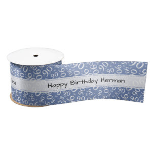 "Happy Birthday" 90 Number Pattern Blue and White Satin Ribbon
