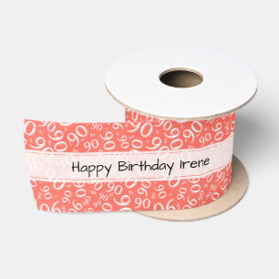 Happy Birthday 90 Number Pattern Coral/White Satin Ribbon