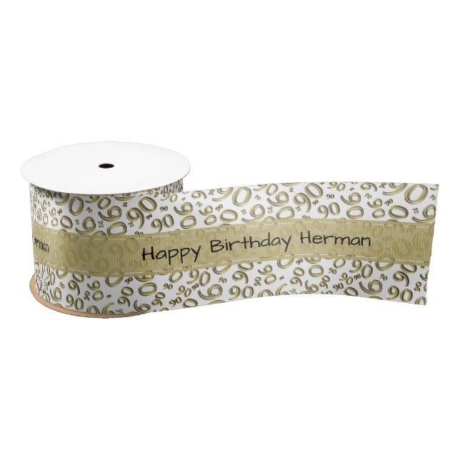Happy Birthday 90 Number Pattern Gold/Whitep Satin Ribbon (Spool)