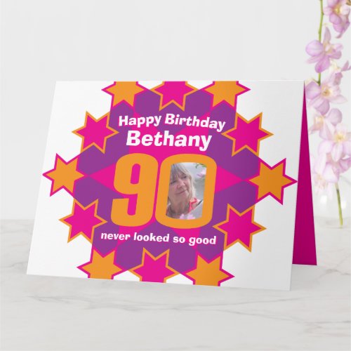 Happy birthday 90 pink stars custom name and photo card