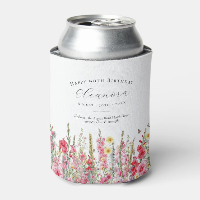 Happy Birthday 90th August Birth Flower Custom Can Cooler (Can Front)