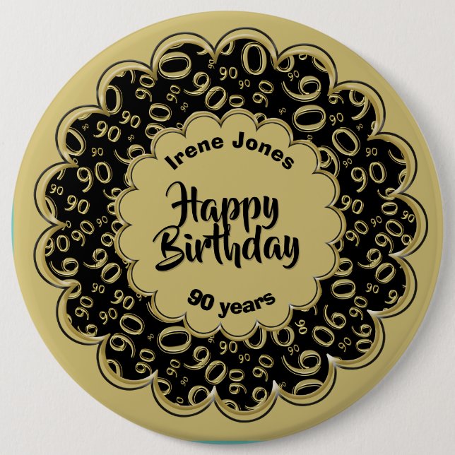 Happy Birthday, 90th Gold/Black Number Pattern Button (Front)