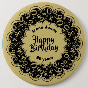 Happy Birthday, 90th Gold/Black Number Pattern Button