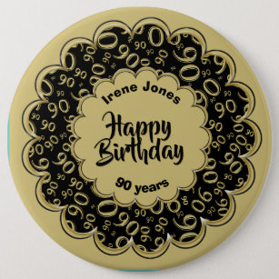Happy Birthday, 90th Gold/Black Number Pattern Button