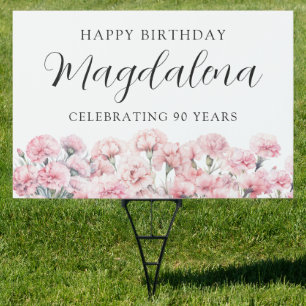 Happy Birthday 90th Pink Floral Carnation Yard Sign