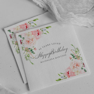 Happy Birthday 90th Pink Floral Custom Cocktail Napkins