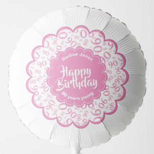 Happy Birthday, 90th Pink/White Fun Party Pattern Balloon