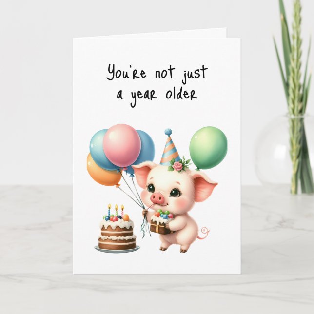 Happy Birthday A Year Older Cuter Cake Balloons Card (Front)