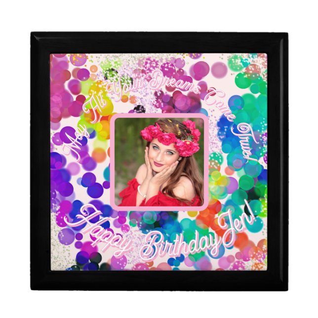 Happy Birthday Abstract Colourful Bokeh Pink Photo Gift Box (Front)