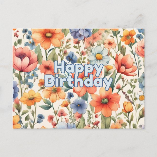 Happy Birthday Abstract Watercolor Flowers  Postcard (Front)