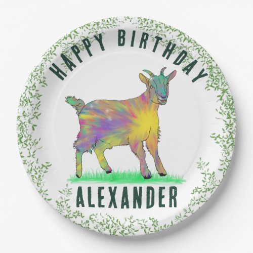 Happy Birthday add Name Goat and Foliage Paper Plates