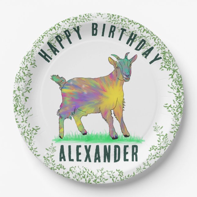 Happy Birthday add Name Goat and Foliage Paper Plates (Front)