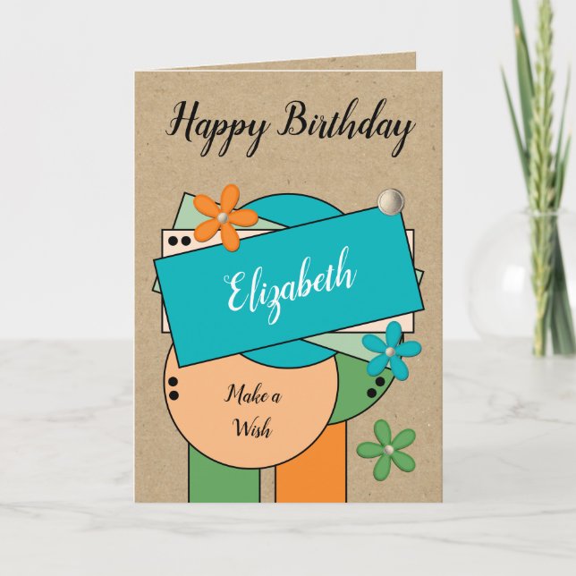 Happy birthday add name orange green blue rustic card (Front)