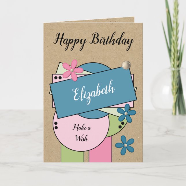 Happy birthday add name pink green blue rustic card (Front)
