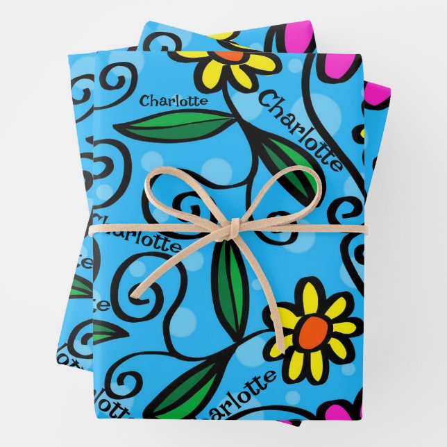 Happy Birthday Add Name Pink & Yellow Flowers 3 Wrapping Paper Sheets (In situ)