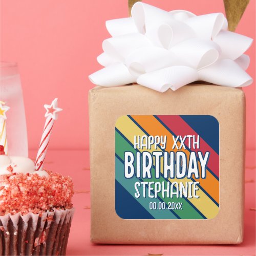 Happy Birthday _ Add Year and Name with Stripes Square Sticker