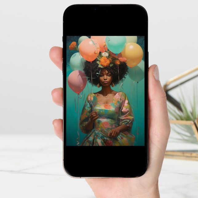 Happy Birthday African American Women Balloons Card (Front Digital)