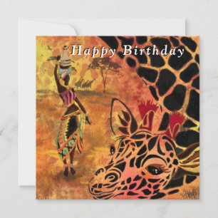 Happy Birthday - African Girl and Giraffe Friends