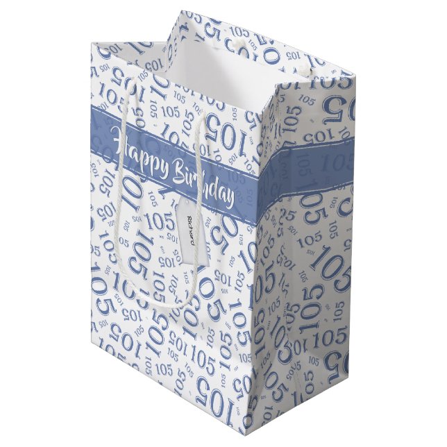 Happy Birthday Age 105 Number Pattern Blue/White Medium Gift Bag (Front Angled)