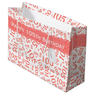 Happy Birthday Age 105 Number Pattern Coral/White Large Gift Bag