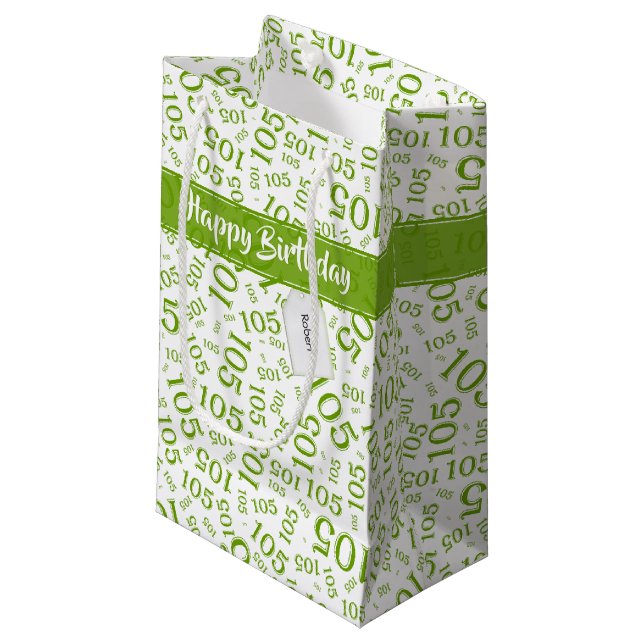 Happy Birthday Age 105 Number Pattern Green/White Small Gift Bag (Front Angled)