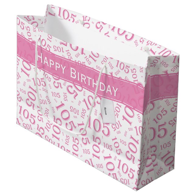 Happy Birthday Age 105 Number Pattern Pink/White Large Gift Bag (Front Angled)