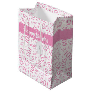 Happy Birthday Age 105 Number Pattern Pink/White Medium Gift Bag