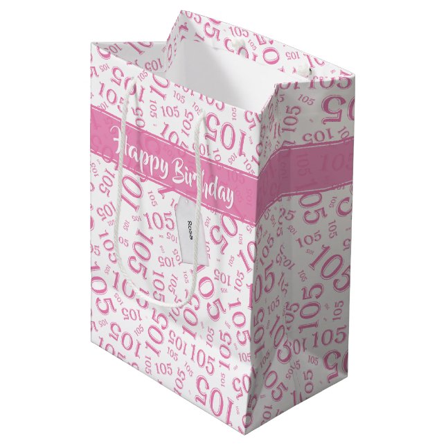 Happy Birthday Age 105 Number Pattern Pink/White Medium Gift Bag (Front Angled)