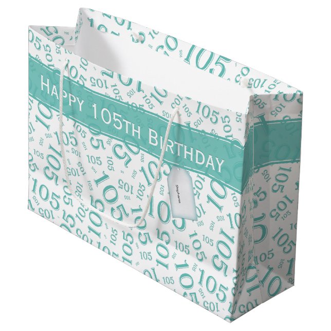 Happy Birthday Age 105 Number Pattern Teal/White Large Gift Bag (Front Angled)
