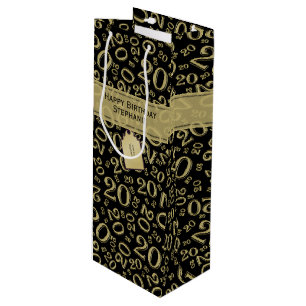 Happy Birthday Age 20 Number Pattern Black/Gold Wine Gift Bag