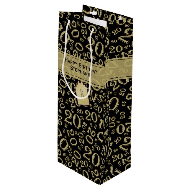 Happy Birthday Age 20 Number Pattern Black/Gold Wine Gift Bag (Front Angled)