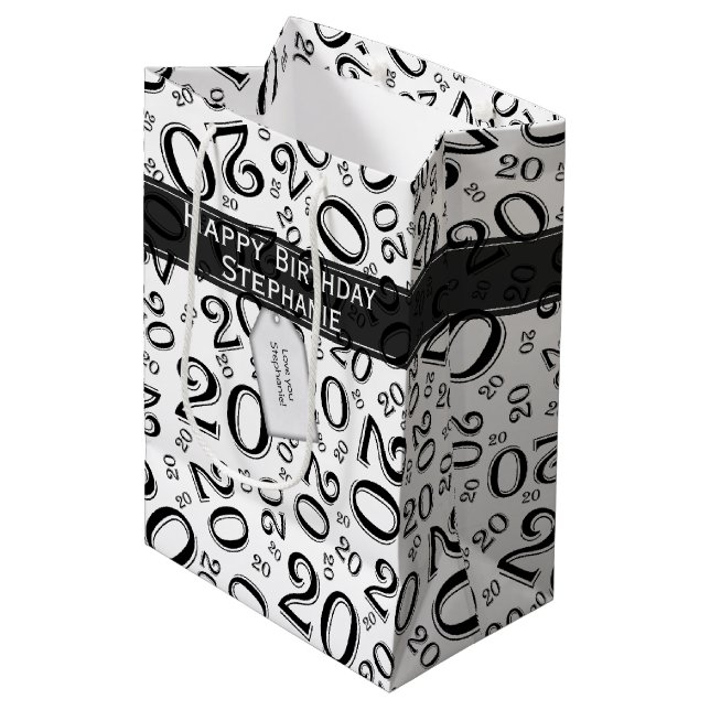 Happy Birthday Age 20 Number Pattern Black/White Medium Gift Bag (Front Angled)
