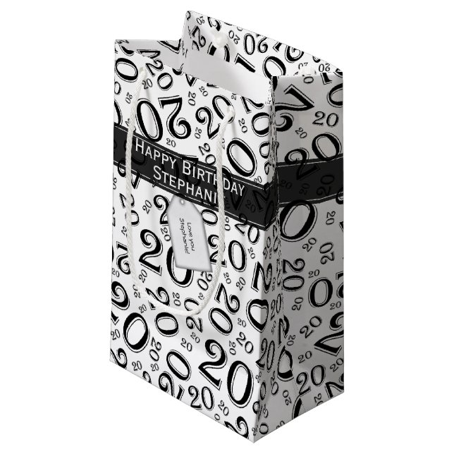 Happy Birthday Age 20 Number Pattern Black/White Small Gift Bag (Front Angled)