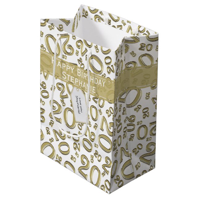 Happy Birthday Age 20 Number Pattern Gold/White Medium Gift Bag (Front Angled)