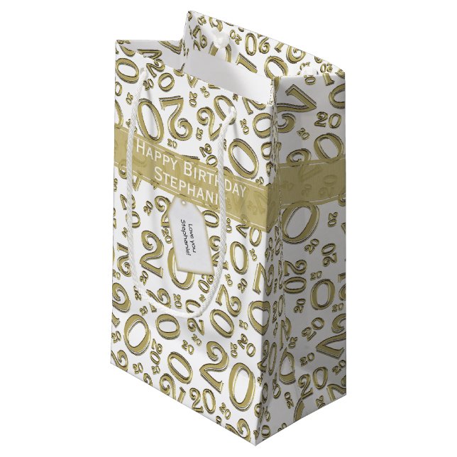 Happy Birthday Age 20 Number Pattern Gold/White Small Gift Bag (Front Angled)