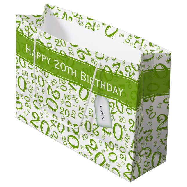 Happy Birthday Age 20 Number Pattern Green/White Large Gift Bag (Front Angled)