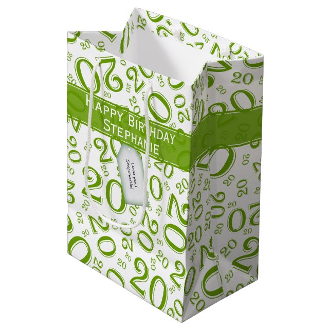 Happy Birthday Age 20 Number Pattern Green/White Medium Gift Bag (Front Angled)
