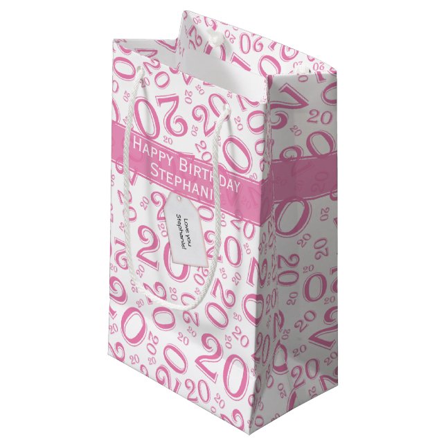 Happy Birthday Age 20 Number Pattern Pink/White Small Gift Bag (Front Angled)