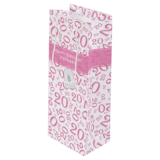 Happy Birthday Age 20 Number Pattern Pink/White Wine Gift Bag (Front Angled)