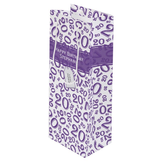 Happy Birthday Age 20 Number Pattern Purple/White Wine Gift Bag (Front Angled)