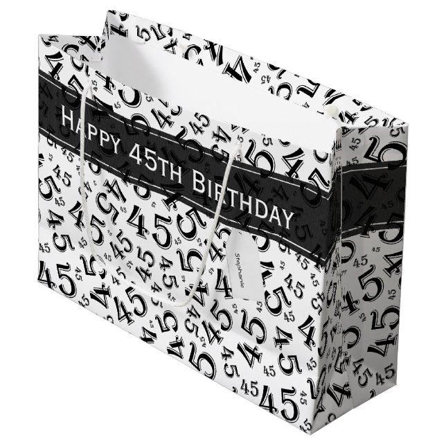 Happy Birthday Age 45 Number Pattern Black/White Large Gift Bag (Front Angled)