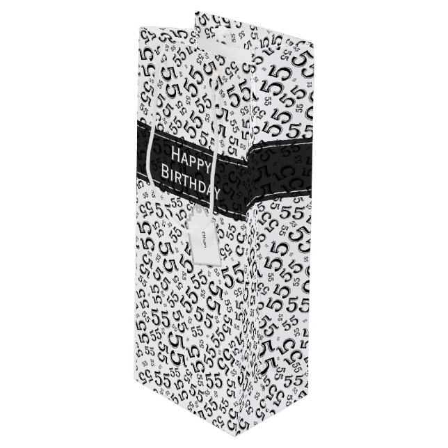 Happy Birthday Age 55 Number Pattern Black/White Wine Gift Bag (Front Angled)
