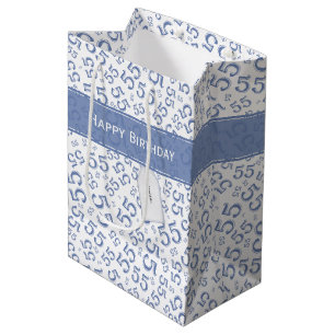 Happy Birthday Age 55 Number Pattern, Blue/White, Medium Gift Bag