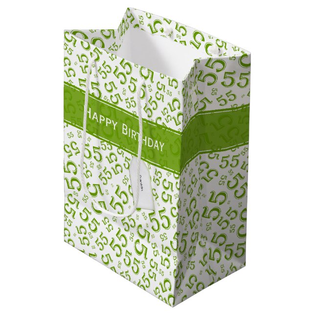 Happy Birthday Age 55 Number Pattern Green/White Medium Gift Bag (Front Angled)
