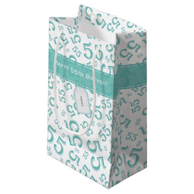 Happy Birthday Age 55 Number Pattern Teal/White Small Gift Bag (Front Angled)