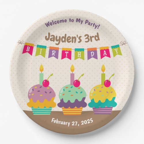 Happy Birthday Age Three Colorful Cupcakes Bunting Paper Plates