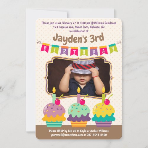 Happy Birthday Age Three Cupcakes Bunting Photo Invitation