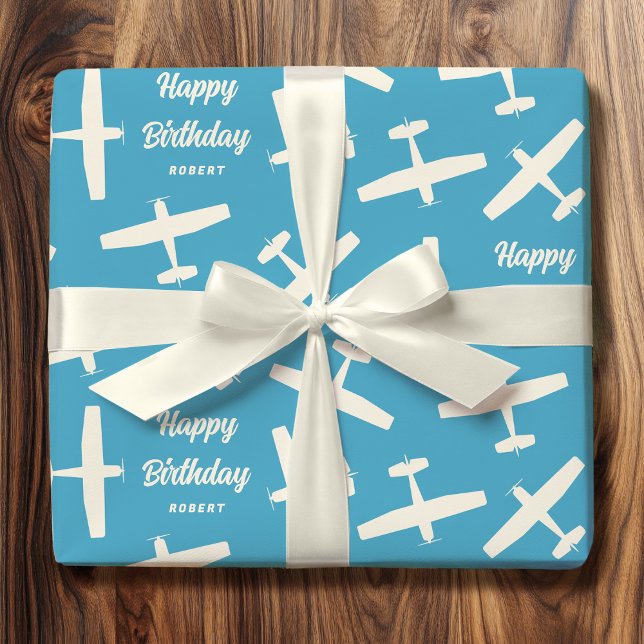 Happy Birthday Aircraft Retro Pattern Name Blue Wrapping Paper (Creator Uploaded)