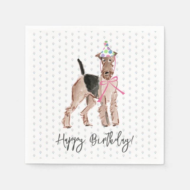Happy Birthday Airedale Dog Hat Cake Pattern Fun Napkins (Front)