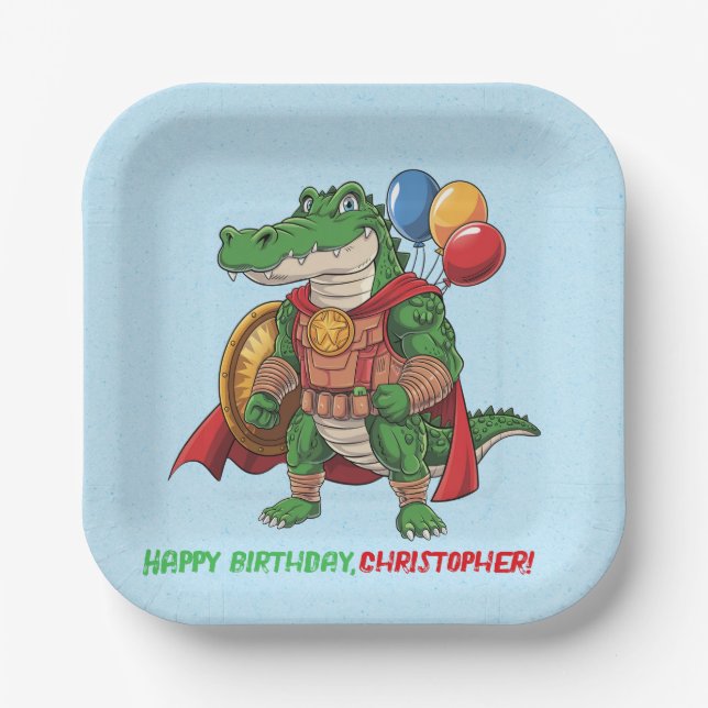 Happy Birthday Alligator Superhero Birthday Party Paper Plates (Front)